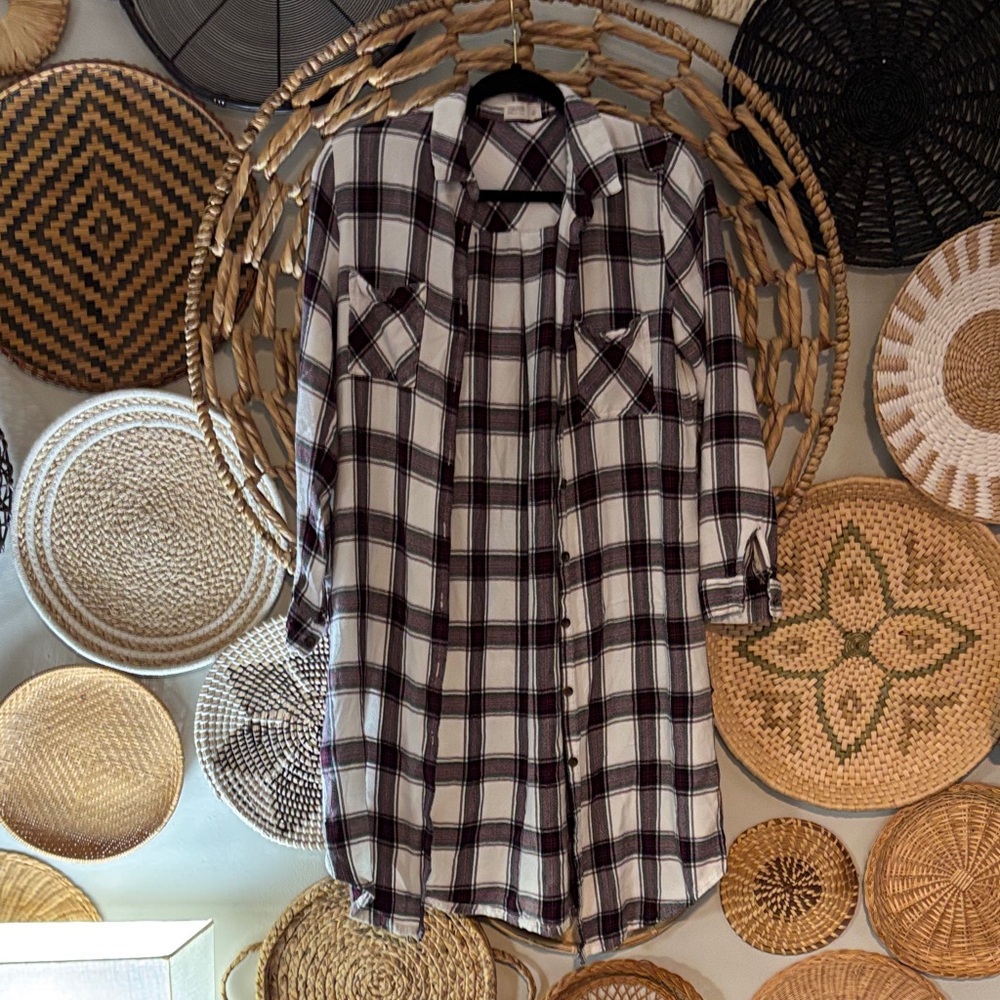 Maurices Burgundy, Black and White Plaid Button Down Duster